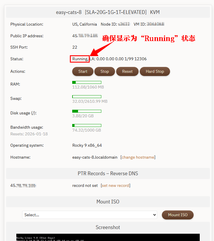 首先确保服务器处于 Running 运行状态