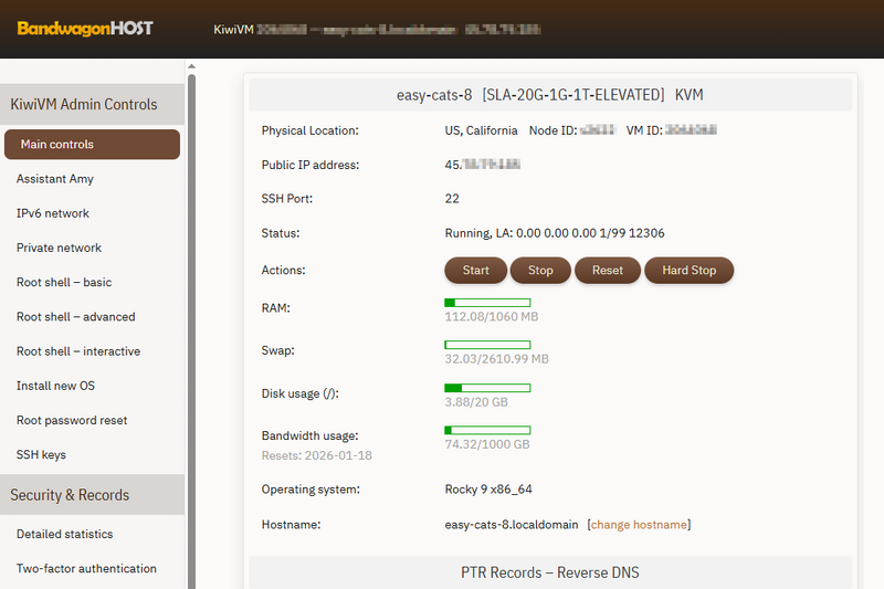 KiwiVM 面板首页展示了服务器的物理位置、IP 地址及状态等信息